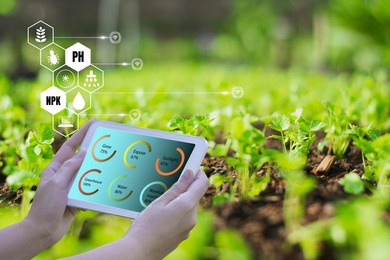 business woman using smart tablet,organic farm control,concept agriculture product control,artificial intelligence or ai,internet of things,5g to agriculture industry,satellite track for agricultural