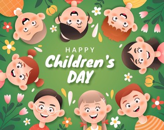 a group of cheerful children on a green background. world children's day. colorful poster for childrens day. 