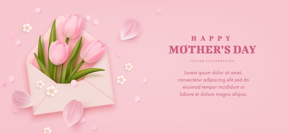 mother's day horizontal banner with realistic envelope, tulip flowers and petals on pink background. vector illustration