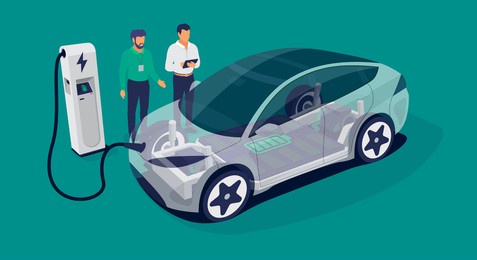 modern electric smart car charging parking at the charger station with a plug in cable. automobile engineers working with tablet solving problem. electrified futuristic transportation e-motion.