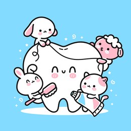 cute funny animals clean tooth with toothbrush, toothpaste and dental floss. vector hand drawn cartoon kawaii character illustration icon. puppy dog, kittie cat,lamb,rabbit clean teeth kids concept