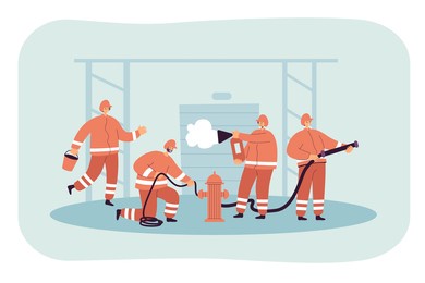 fireman team fighting fire, rescuing people and buildings. flat vector illustration. team using professional equipment, observing safety measures, aiding people. wildfire, emergency service concept