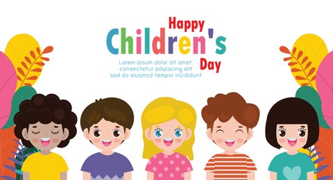 happy children's day background poster with group cute kids and flowers, greeting card with holiday background isolated vector illustration modern flat style