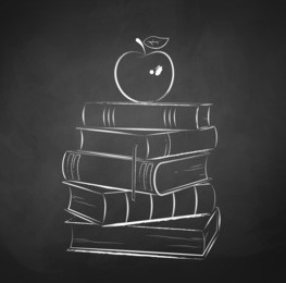 apple on books. chalkboard drawing. vector illustration.