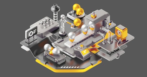 3d illustration of factory machine with conveyor and engineering robot arm sorting shine light bulb. technology of modern industrial idea manufacture at automatic conveyor belt of factory line