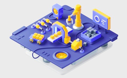 3d illustration of factory machine with conveyor and engineering robot arm picking up metal box. technology of modern industrial manufacture at automatic conveyor belt of factory line