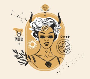 the taurus girl. vector illustration with a portrait of a pretty girl in sunglasses. zodiac sign with elements of astrology