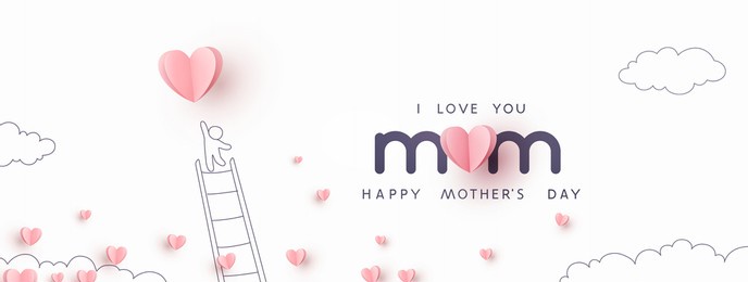 mother's day postcard with pink flying elements and man on white sky background. vector paper symbols of love in shape of heart for greeting card design