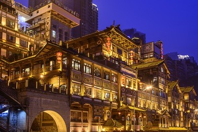 chongqing, china at hongyadong hillside buildings.