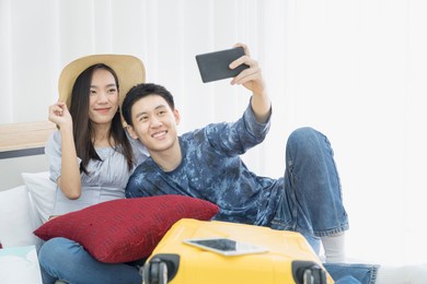 asian couple travel. young couple selfie happy and go on the travel. 