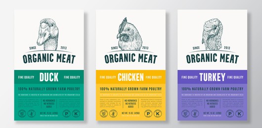 organic meat abstract vector packaging design or label templates set. farm grown poultry banners. modern typography and hand drawn chicken, duck and turkey head sketch backgrounds layout collection.