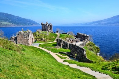 ruins of urquhart castle along loch ness, scotland 