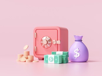 red safe box with coins and stacks of dollar cash font view on pink background. 3d render illustration