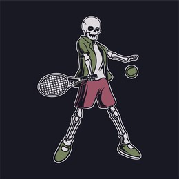vintage t shirt design the skull in a jumping position hitting the ball tennis illustration