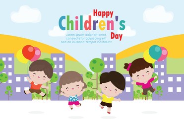 happy children's day background poster with happy kids jumping in city isolated vector illustration