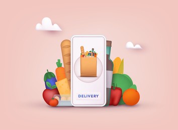 online grocery shopping. delivery service. online ordering of food, grocery delivery, e-commerce. 3d vector illustrations.