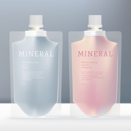 vector beverage, liquid or beauty translucent packet with white screw cap.