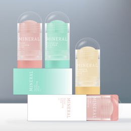 vector lip balm, cleanser, mask or deodorant clear stick packaging with round cap and box.