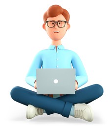3d illustration of cute smiling man with laptop sitting on the floor in yoga lotus position. cartoon businessman, freelancer using social networks, online working. workplace concept.