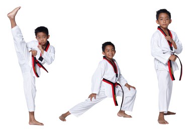 black red belt taekwondo karate kid athlete young teenager show traditional fighting poses high round kick in sport uniform dress, studio lighting white background isolated full length profile