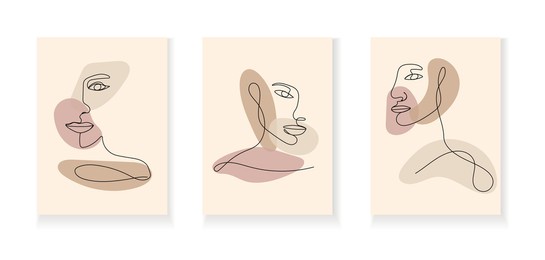 boho women faces on abstract wall art vector. surreal portrait, girl face in line style. trendy abstract picture in geometric outline technique, minimalist art style for poster, bohemian wall art.