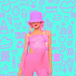 contemporary digital collage art. fashion summer girl 90s party style on design pattern background. text kiss me, true love