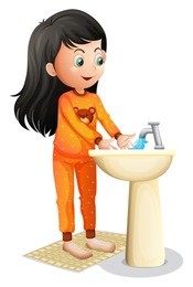 illustration of a young girl washing her hands on a white background