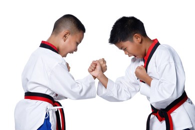 black red belt taekwondo karate kid athlete young teenager show traditional fighting poses high round kick in sport uniform dress, studio lighting white background isolated full length profile