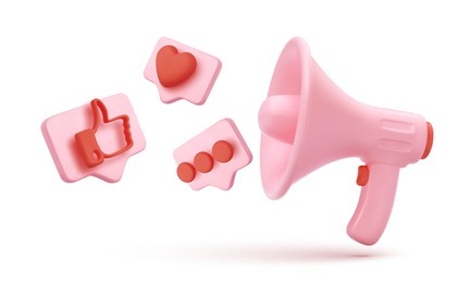 pink megaphone with flying icons in bubbles isolated on white background. vector illustration