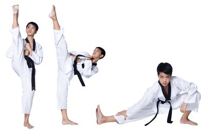 black red belt taekwondo karate kid athlete young teenager show traditional fighting poses high round kick in sport uniform dress, studio lighting white background isolated full length profile