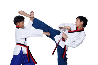 black red belt taekwondo karate kid athlete young teenager show traditional fighting poses high round kick in sport uniform dress, studio lighting white background isolated full length profile