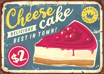 cheesecake vintage promotional sign template. cake shop retro poster design. sweet food and desserts vector illustration.