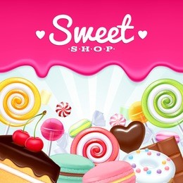 different sweets colorful background. lollipops, cake, macarons, chocolate bar, candies and donut on shine background.