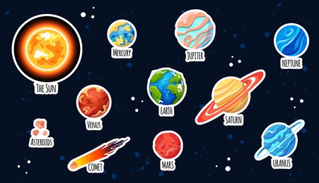 set of planet stickers. cartoon solar system. childish space background for school and kindergarten. vector flat illustration