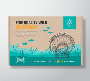 fine quality seafood cardboard box. abstract vector food packaging label design. modern typography and hand drawn scallop and fishes silhouettes. sea bottom landscape background layout with banner.