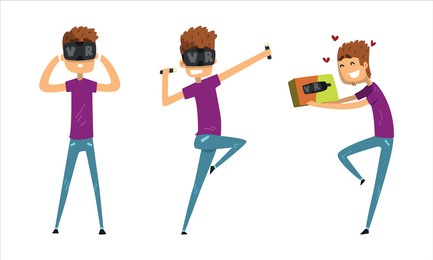 young man in virtual reality headset set, guy wearing vr helmet playing video games, doing sports and entertaining cartoon vector illustration