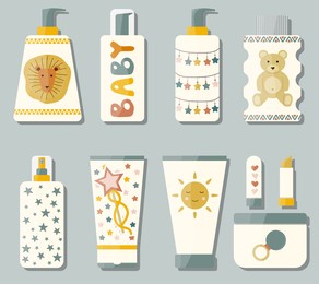 set of beauty cosmetic bottle with baby design. hand-drawn skin care child products vector illustration