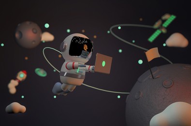 astronaut working on laptop in zero gravity space 3d rendering . rocket, satellite