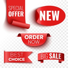 best choice, order now, special offer, new and big sale banners. red ribbons, tags and stickers on transparent background. vector illustration.