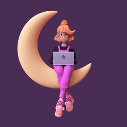 red-haired happy cute romantic writer girl in glasses, purple t-shirt, pink pants works on a laptop and sits on the golden crescent moon late at night in spacе. 3d render in stylized minimal art style