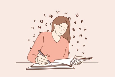 education, copy space, writing concept. young smiling woman sitting writing on blank notebook on table feeling creative and positive vector illustration