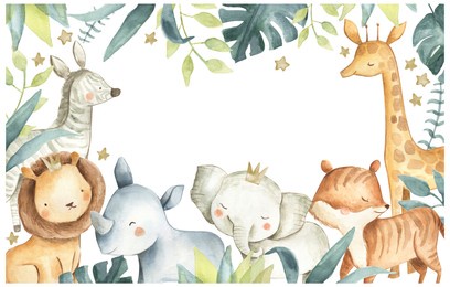 safari animals watercolor illustration with baby elephant, lion, zebra, giraffe, rhinoceros and tropical jungle foliage for nursery 
