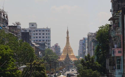 view to sule paya (pagoda) from mahabadoola road. yangon. myanmar.