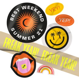 vector stickers pack. peeled paper stickers. fun realistic illustration weekeng, vacation, trip, travel.
