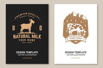 dairy farm. only fresh milk. vector. flyer, brochure, banner, poster design with cow, goat and mountain silhouette. template for dairy and milk farm business - shop, market, packaging and menu