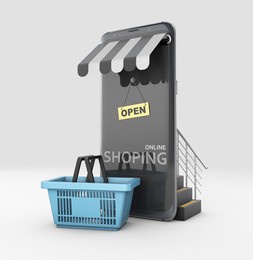 3d rendering of modern smart mobile phone with on line shopping store, clipping path included