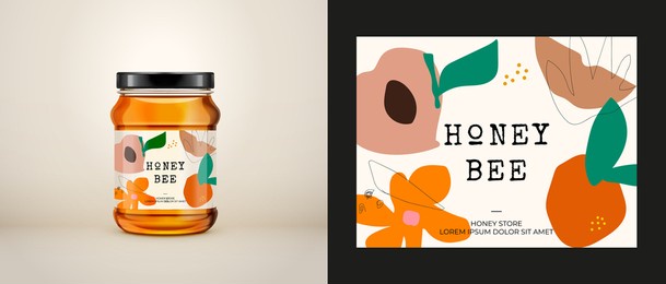 packaging for honey. honey logo. wildflower honey label. vector hand drawn illustration. honey packaging design elements for apiary and beekeeping products, branding and identity