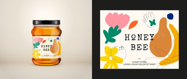 packaging for honey. honey logo. wildflower honey label. vector hand drawn illustration. honey packaging design elements for apiary and beekeeping products, branding and identity