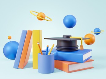 school supplies and graduation cap isolate blue background, education concept - 3d render illustration