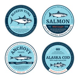 vector fish round labels. salmon, tuna, anchovy and cod fish illustrations